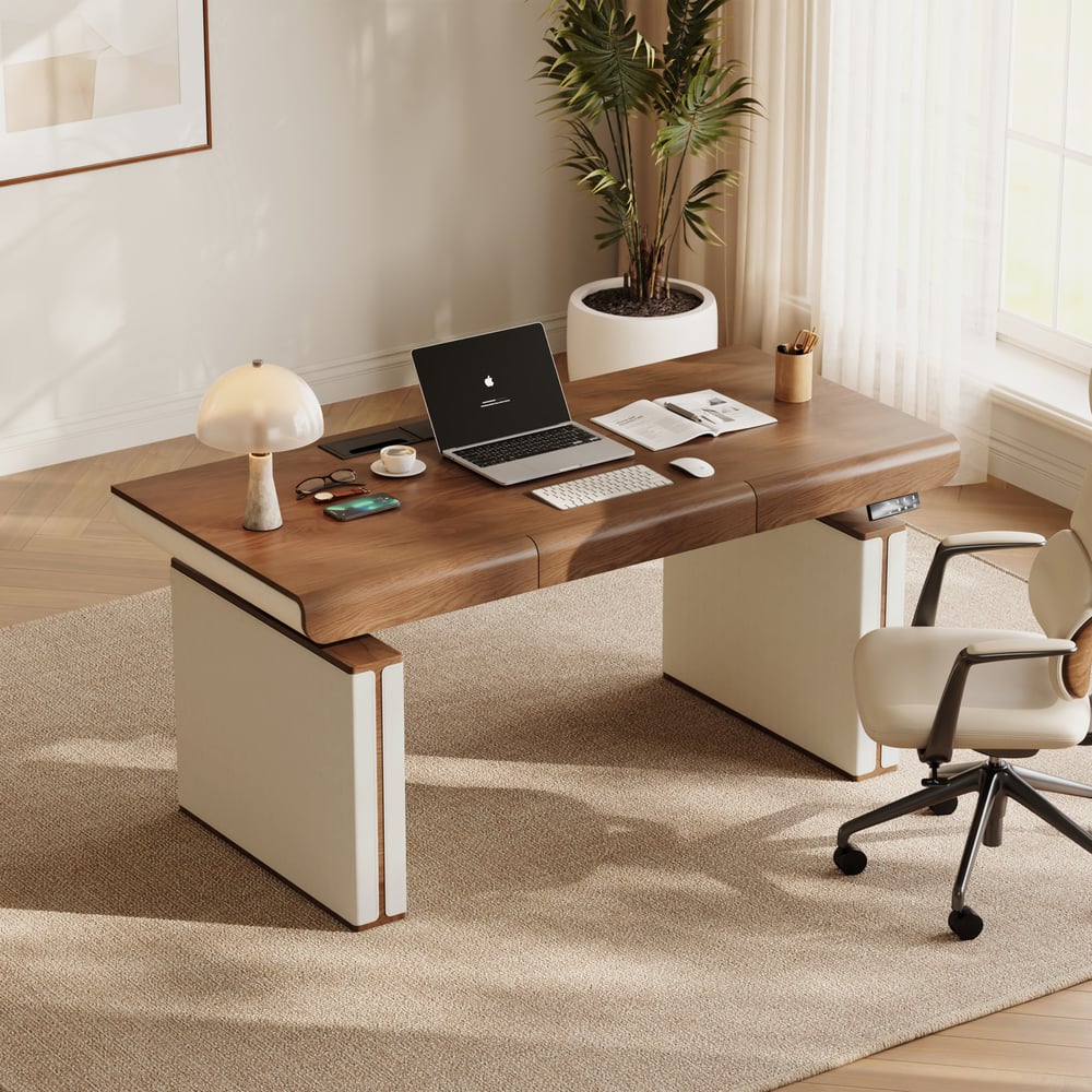 160 cm Height Adjustable Electric Standing Desk with Walnut Top and Leather-Wrapped Legs window image