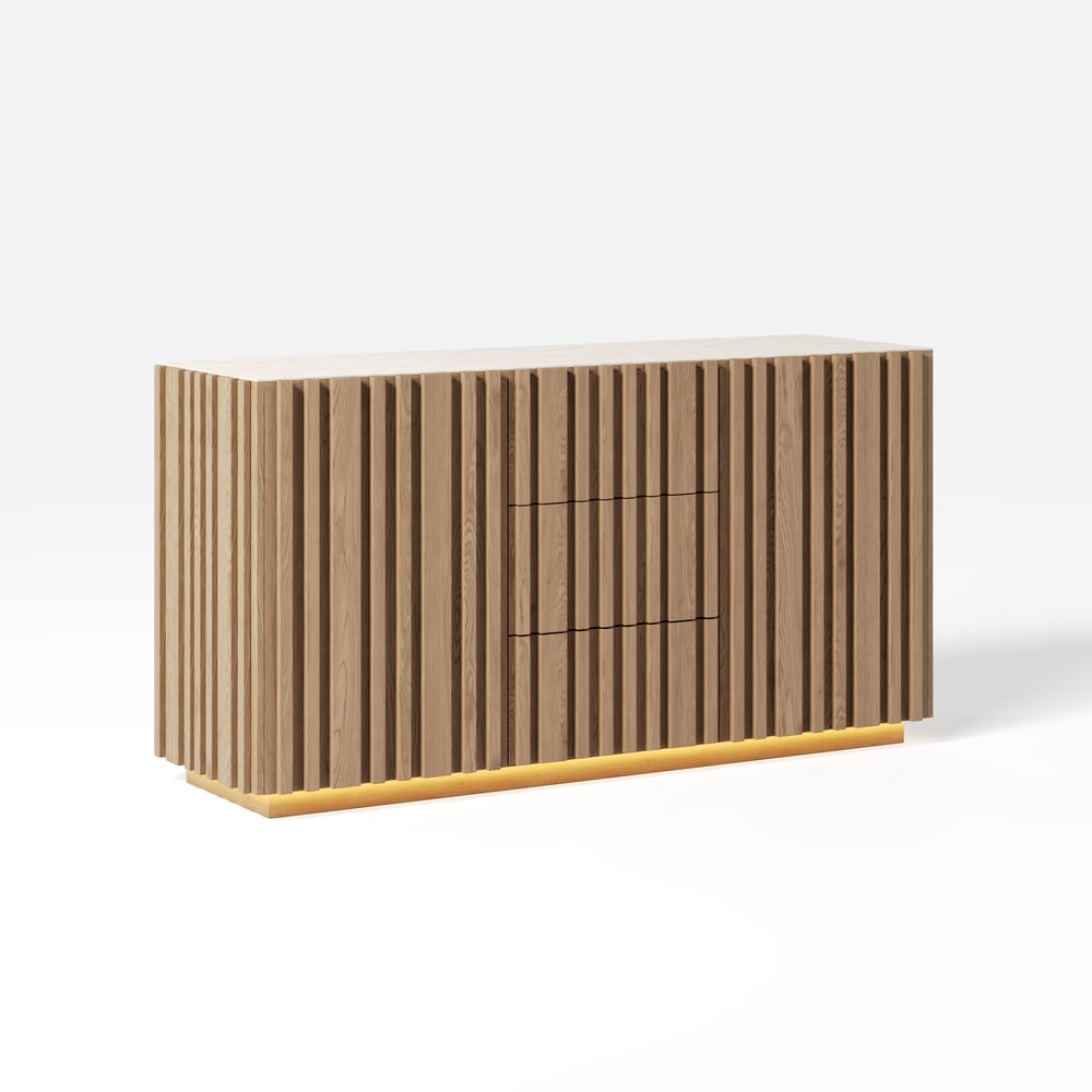 Buffet Aura 60" en Faux Travertin Naturel avec Portes à Lattes en Bois de Frêne et Lumière LED image de fenêtre