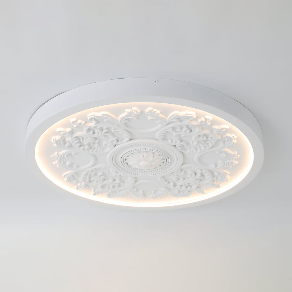 French Elegant White Resin 3D Carved LED 3-Mode Dimmable Flush Mount Ceiling Light window image