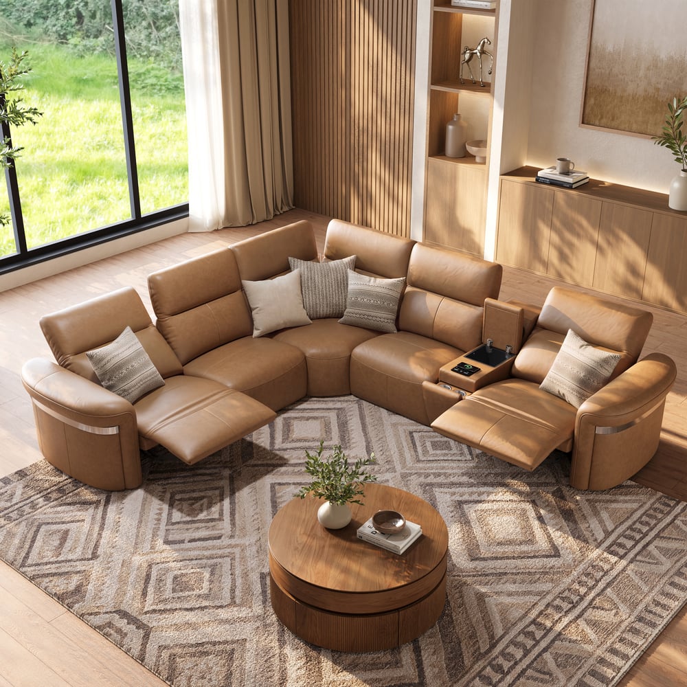 Genuine Leather Multifunction Media Console Power Reclining Sofa window image