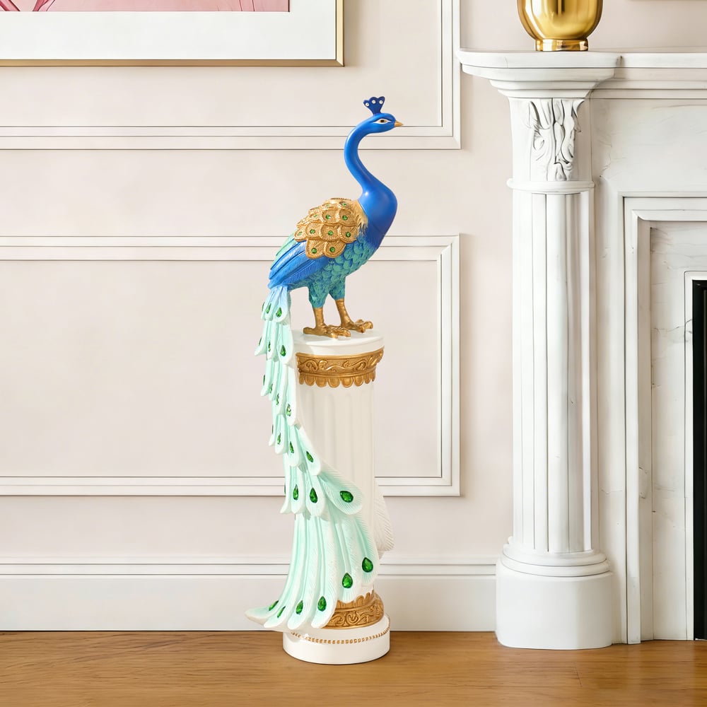 Estátua de Pavão de Resina de Luxo de 27" com Acentos de Cristal – Escultura Elegante para Decoração de Casa Imagem da janela