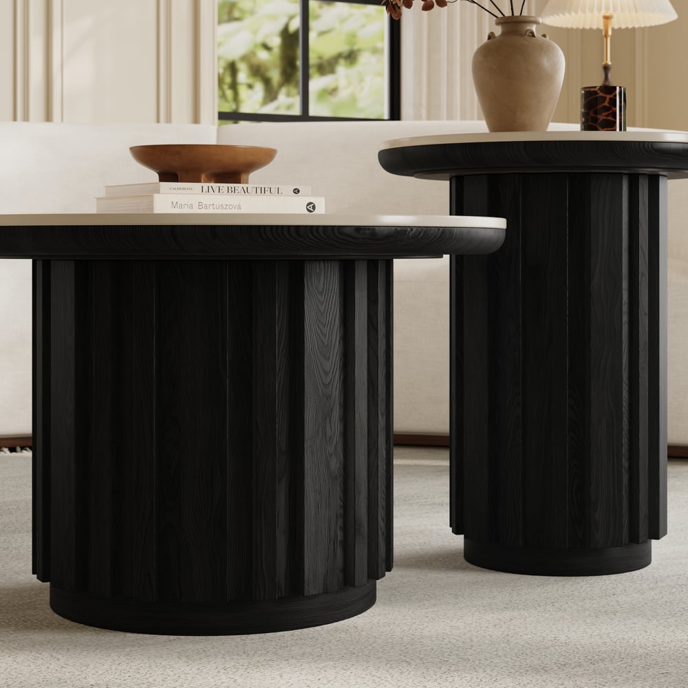 Aura 2 Piece Set Ash Wood Slatted  Round Coffee Table with Sintered Stone Top(20" - 28") window image