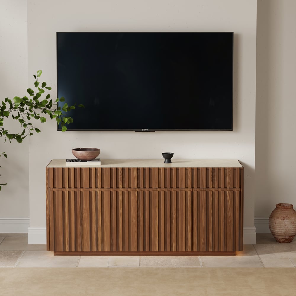 Aura 65" Ash Wood Slatted Walnut TV Stand with Sintered Stone Top window image