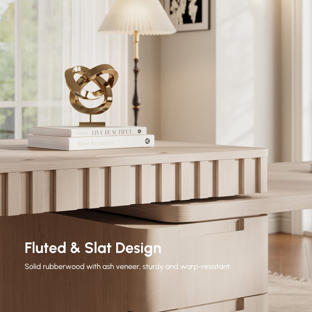 Aura 63" Whitewash Fluted 360-Degree Rotating Desk Electric Adjustable Standing Desk window image