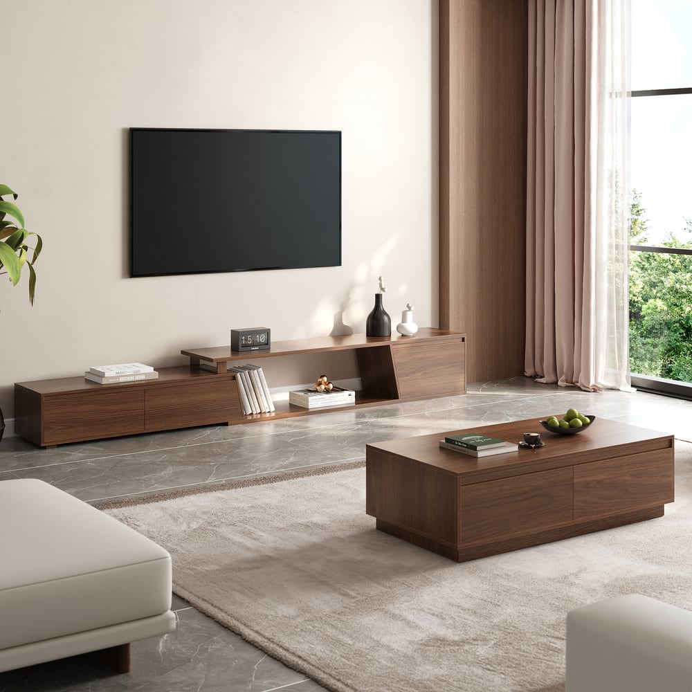 Ensemble meuble TV Fero en bois blanc et noyer, meuble TV extensible et table basse rectangulaire image de fenêtre