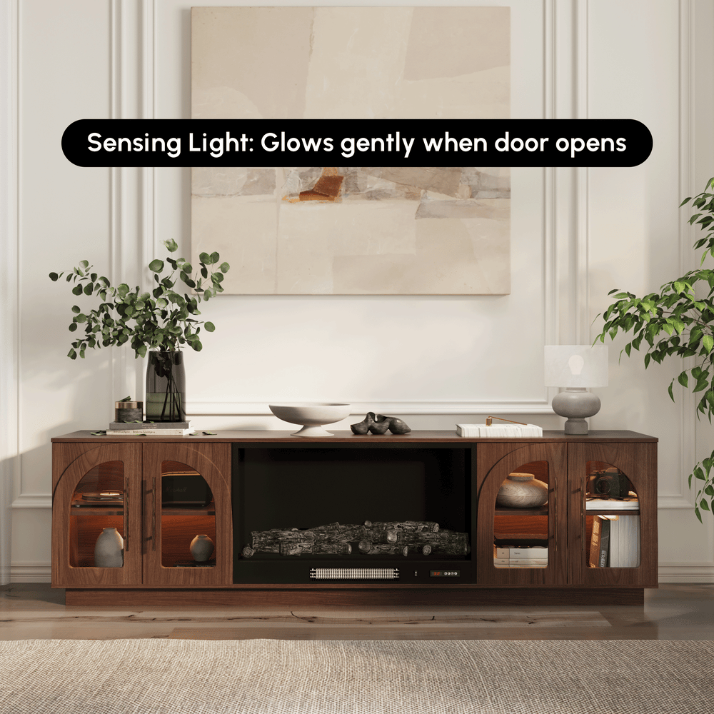Arune 80" Arched Glass Doors Electric Fireplace TV Stand with Remote Control window image