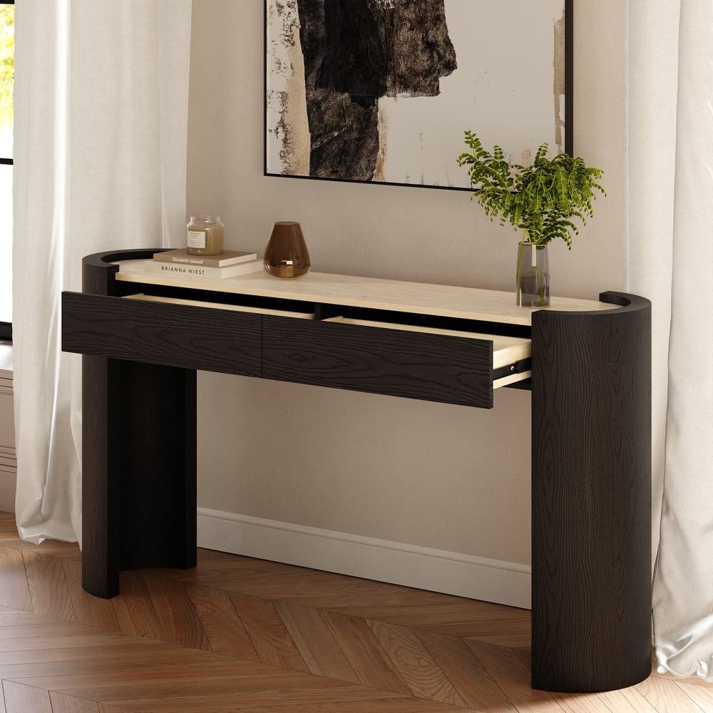 Console ovale Japandi de 60 pouces en pierre frittée avec 2 tiroirs image de fenêtre