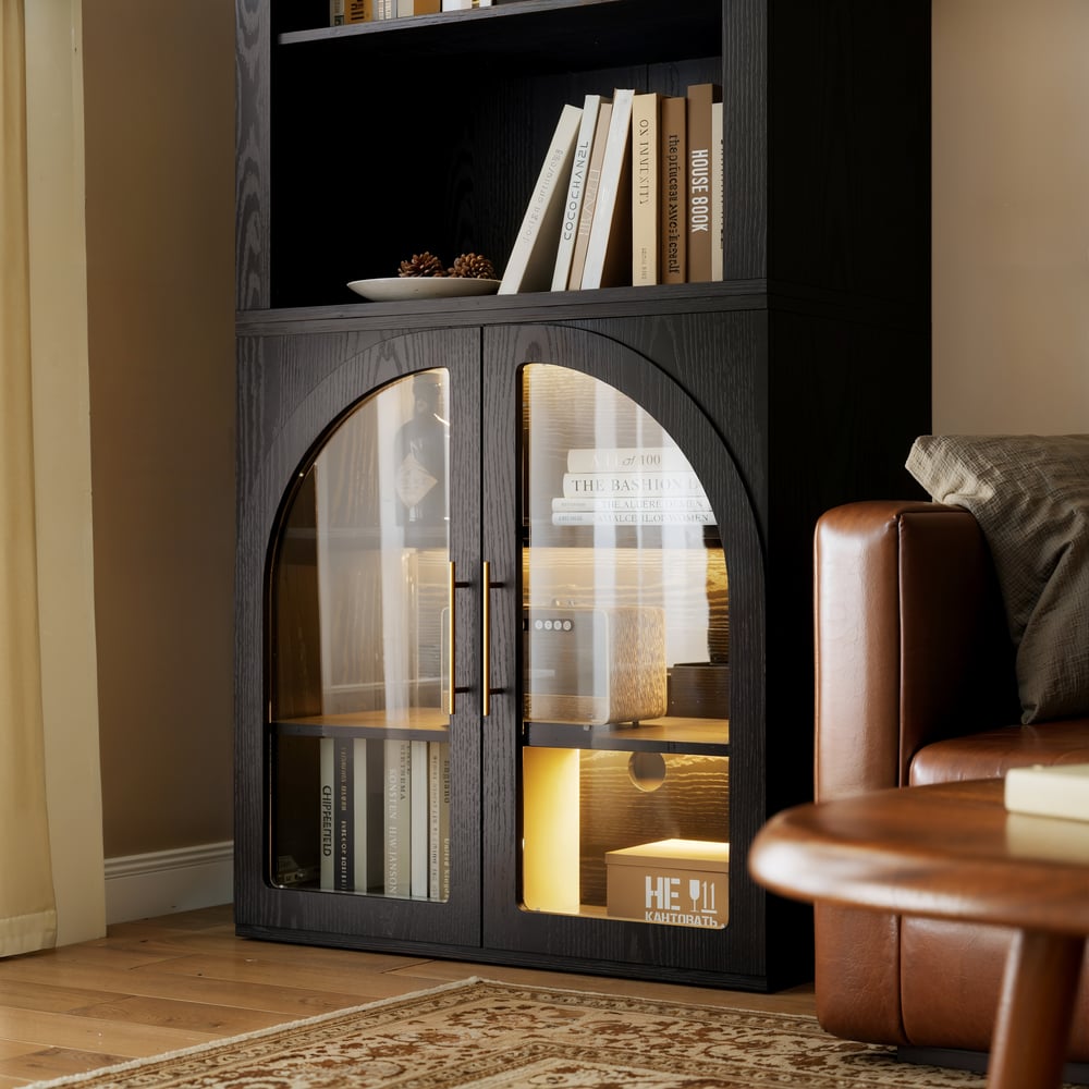Arune Black Chest Bookcase with Storage Cabinet & LED Light window image