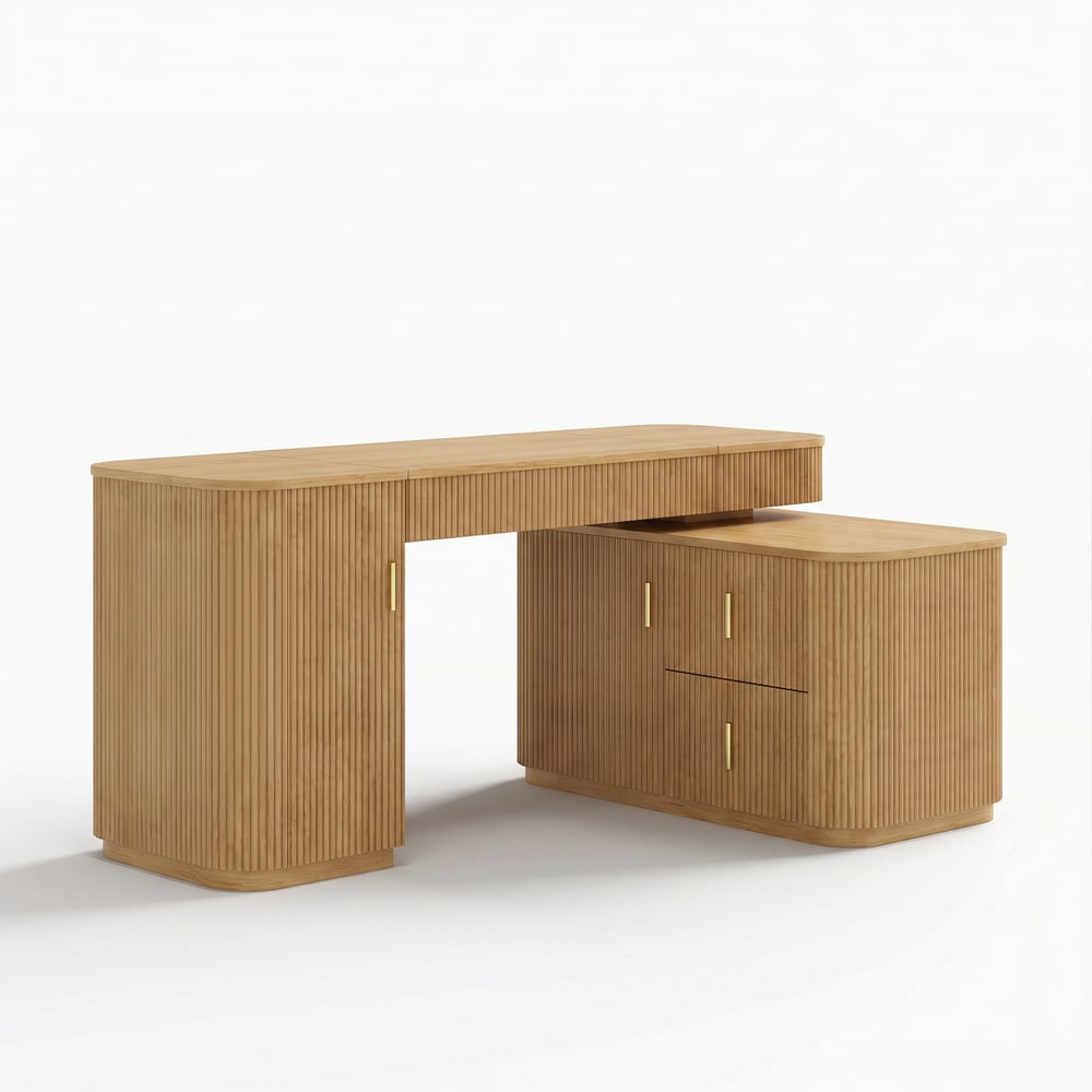 Velign 65" L-Shape Natural Executive Desk with Right-Side Cabinet window image