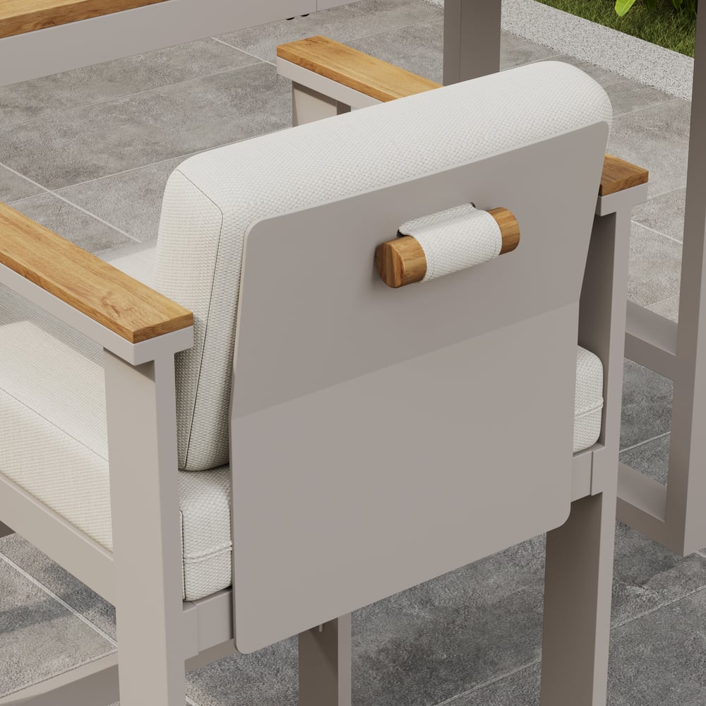 Tevara Outdoor Aluminum Frame & Teak Wood Armrest Bar Stools in Sand, Set of 2 window image