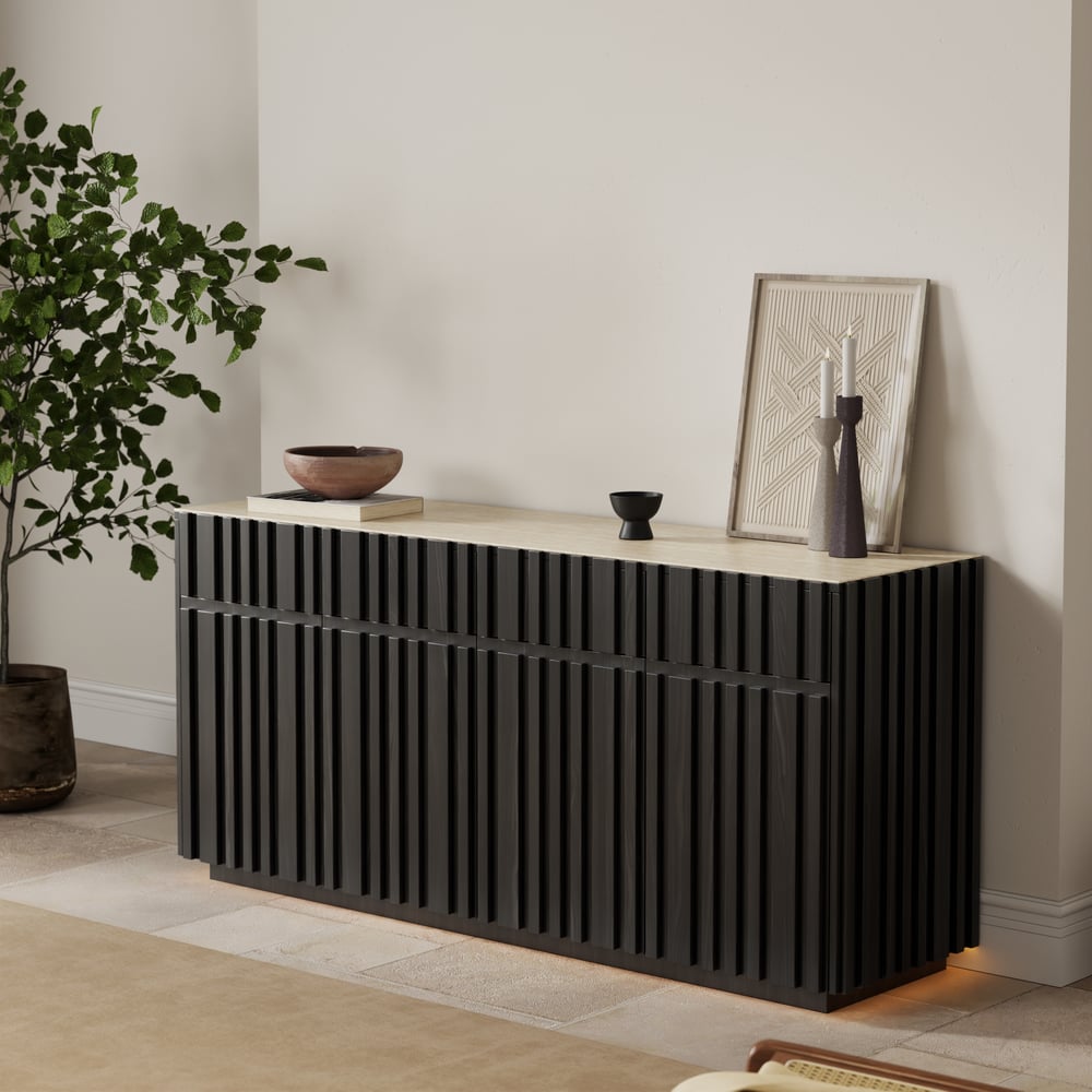 Aura 65" Ash Wood Slatted Black TV Stand with Sintered Stone Top window image