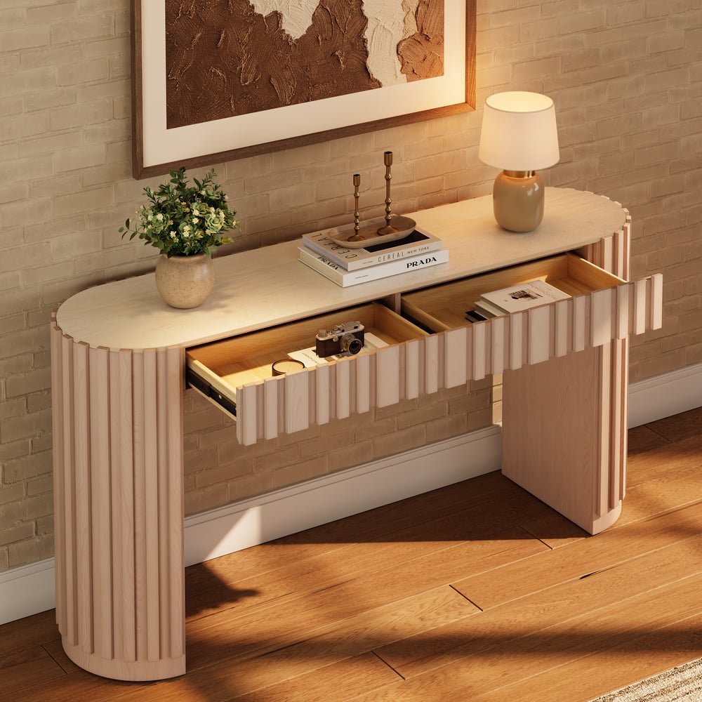 Aura 60" Ash Wood Fluted Whitewash Console Table With Sintered Stone Top window image