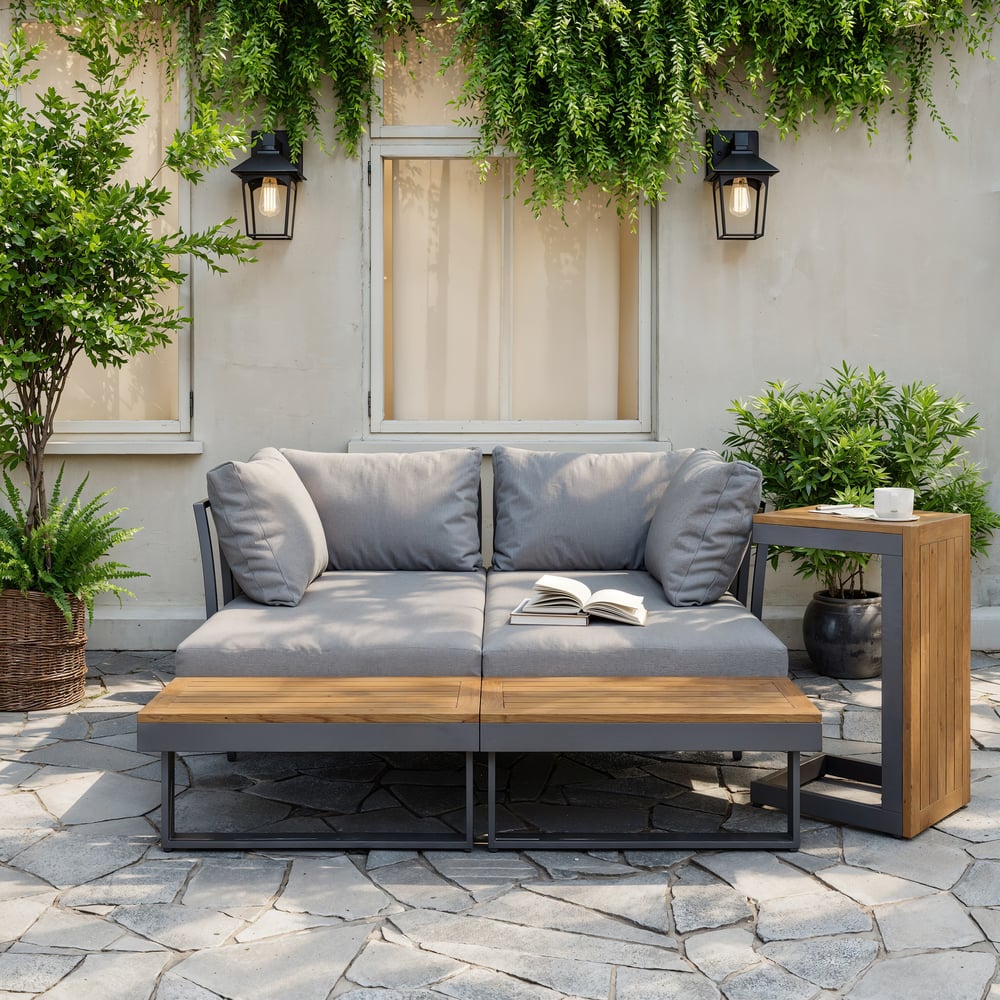 Ensemble de canapé modulaire d'extérieur Slatera en acacia et aluminium, gris foncé avec housse noire image de fenêtre