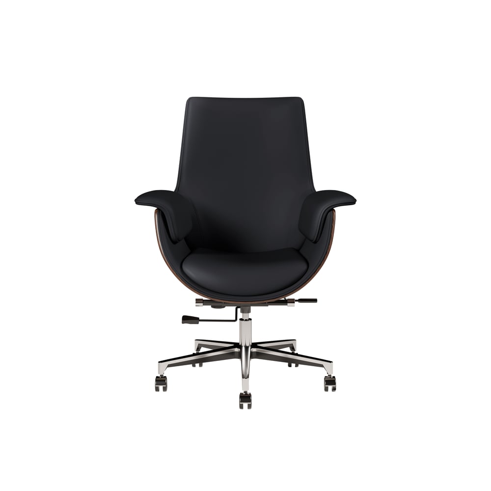 Walnut Double Desk with Drawers & 2 Black PU Leather Modern Home Office Chairs window image