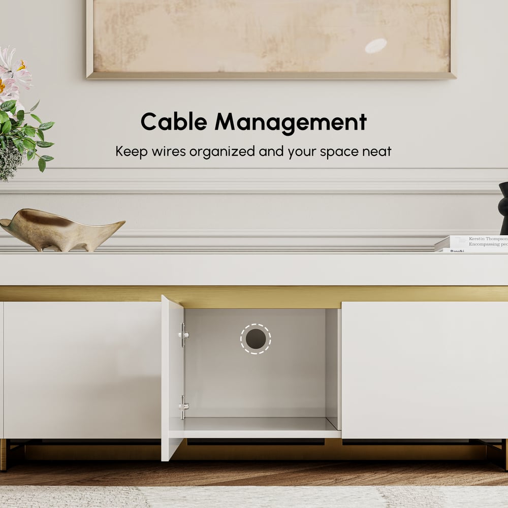 86" White Sintered Stone Top TV Stand with 4 Drawers window image