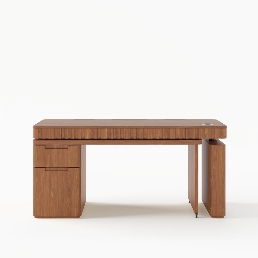 Aura 63" Walnut Flutted 360-Degree Rotating Desk Electric Adjustable Standing Desk window image