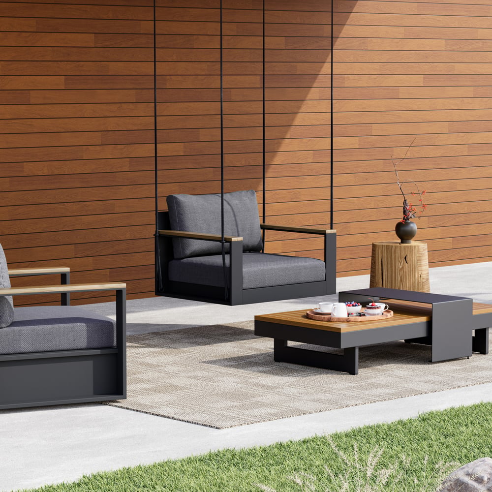 Tevara Outdoor Swing Sofa in Dark Gray with Cushion & Black Cover window image