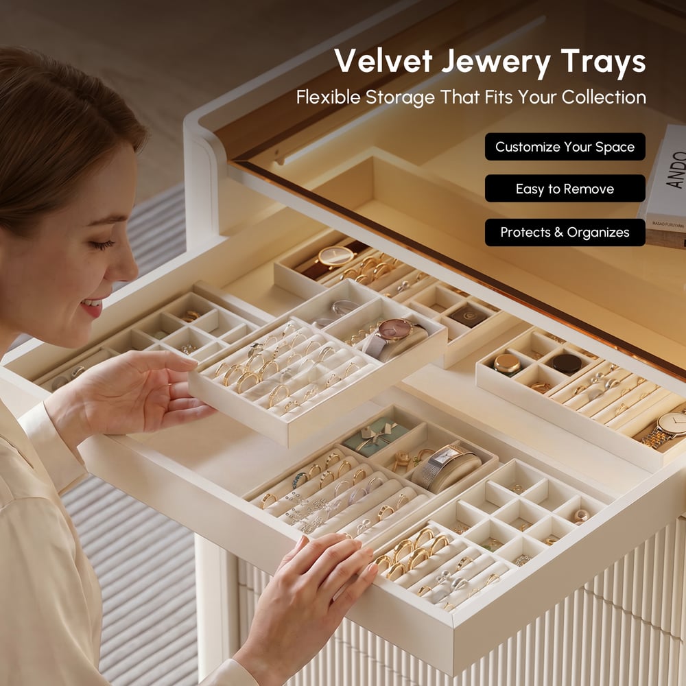 Modern 29.5" Fluted Leather Closet Island 7 Drawer Dresser with Light & Jewelry Storage window image