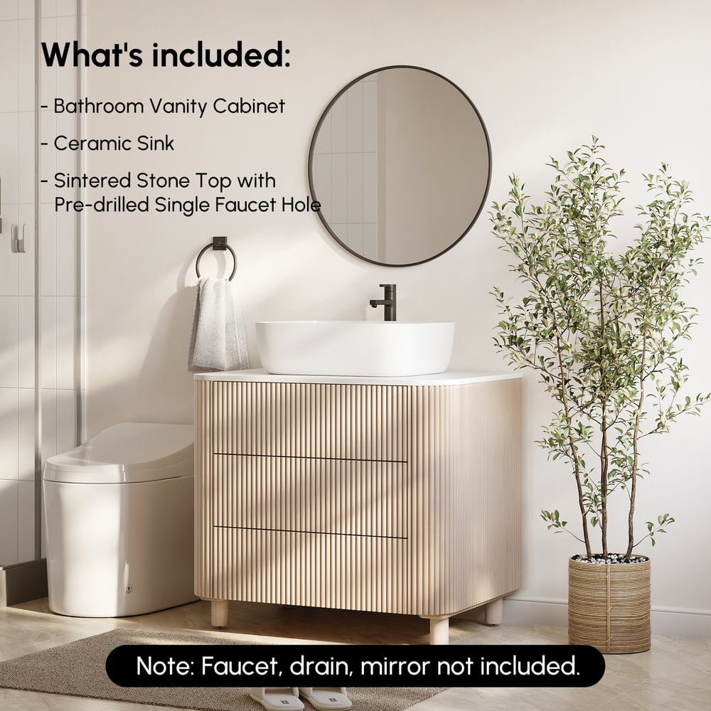80cm Fluted Freestanding Bathroom Vanity with Vessel Sink, 3-Drawers, Sintered Stone top window image