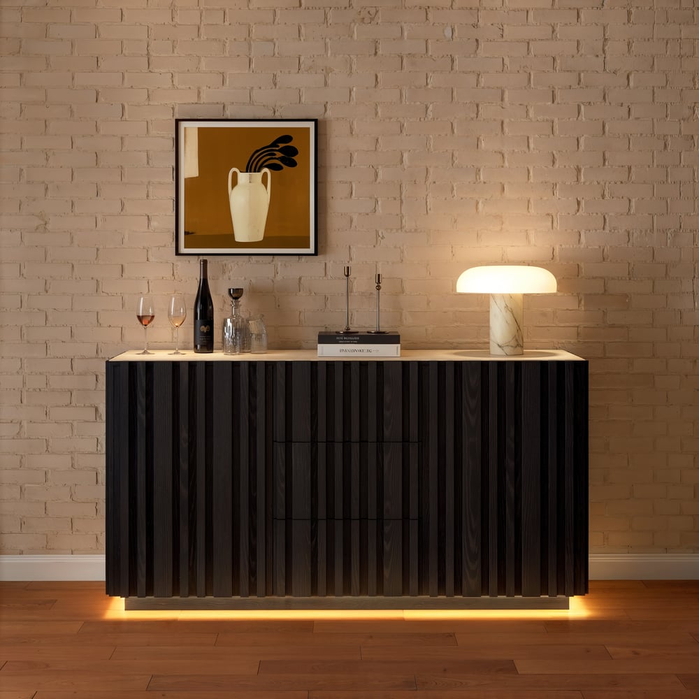 Aura 60" Black Faux Travertine Sideboard with Ash Wood Slatted Doors & LED Light window image
