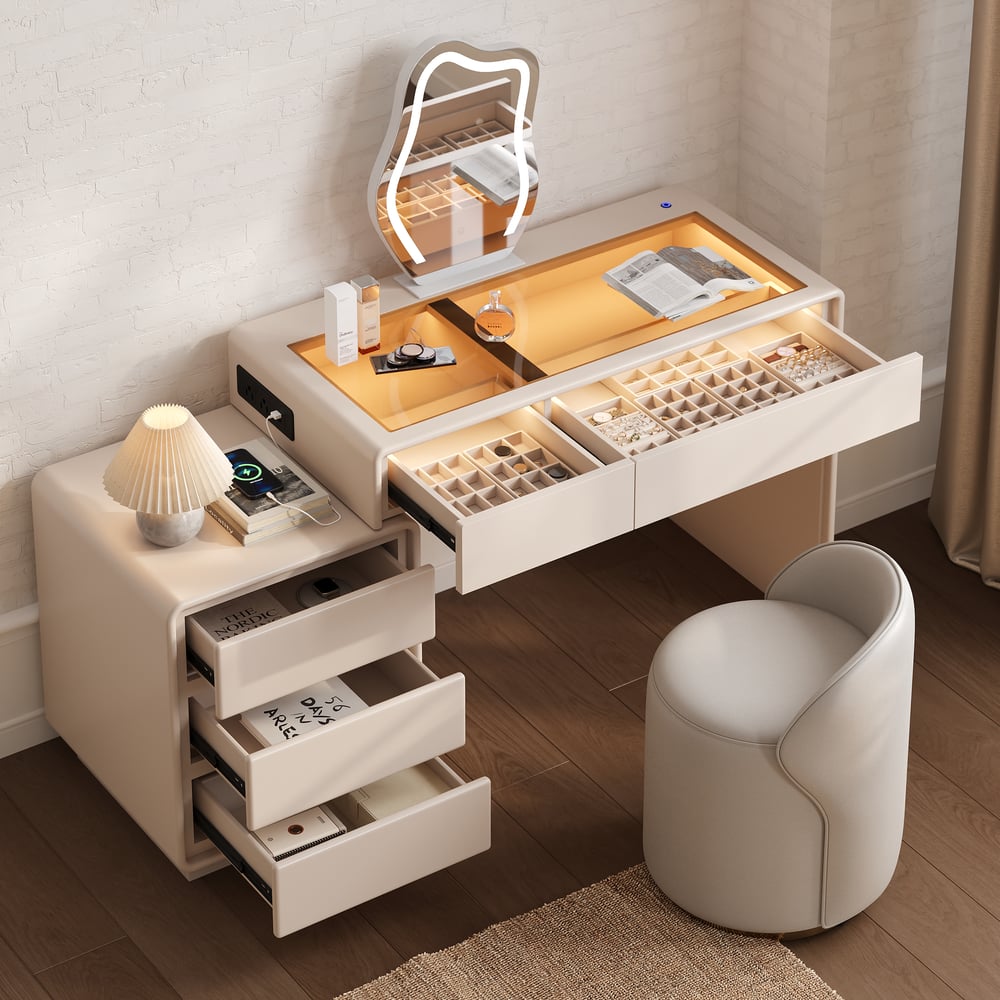 Modern Matte Warm White Makeup Vanity Set with LED Mirror and Jewelry Storage  (40"-57") window image