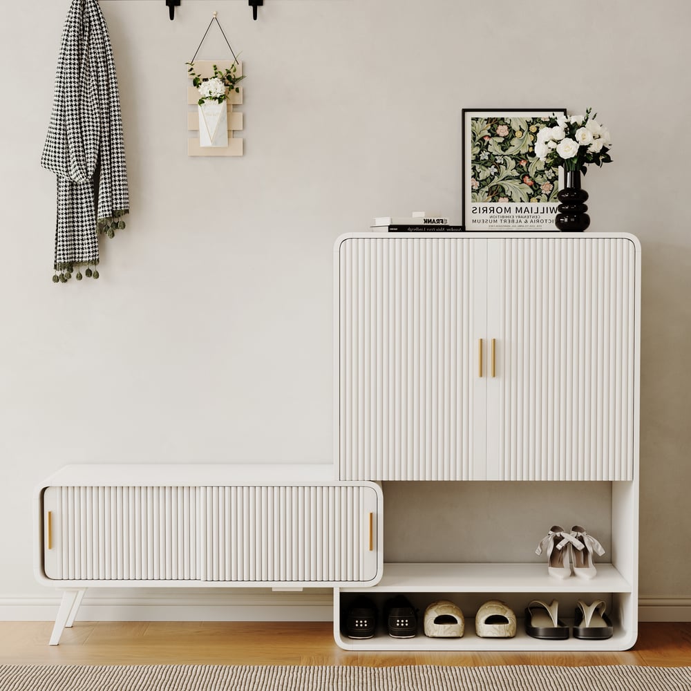 37" Warm White Shoe Storage Fluted Entryway Cabinet,Left Hand window image