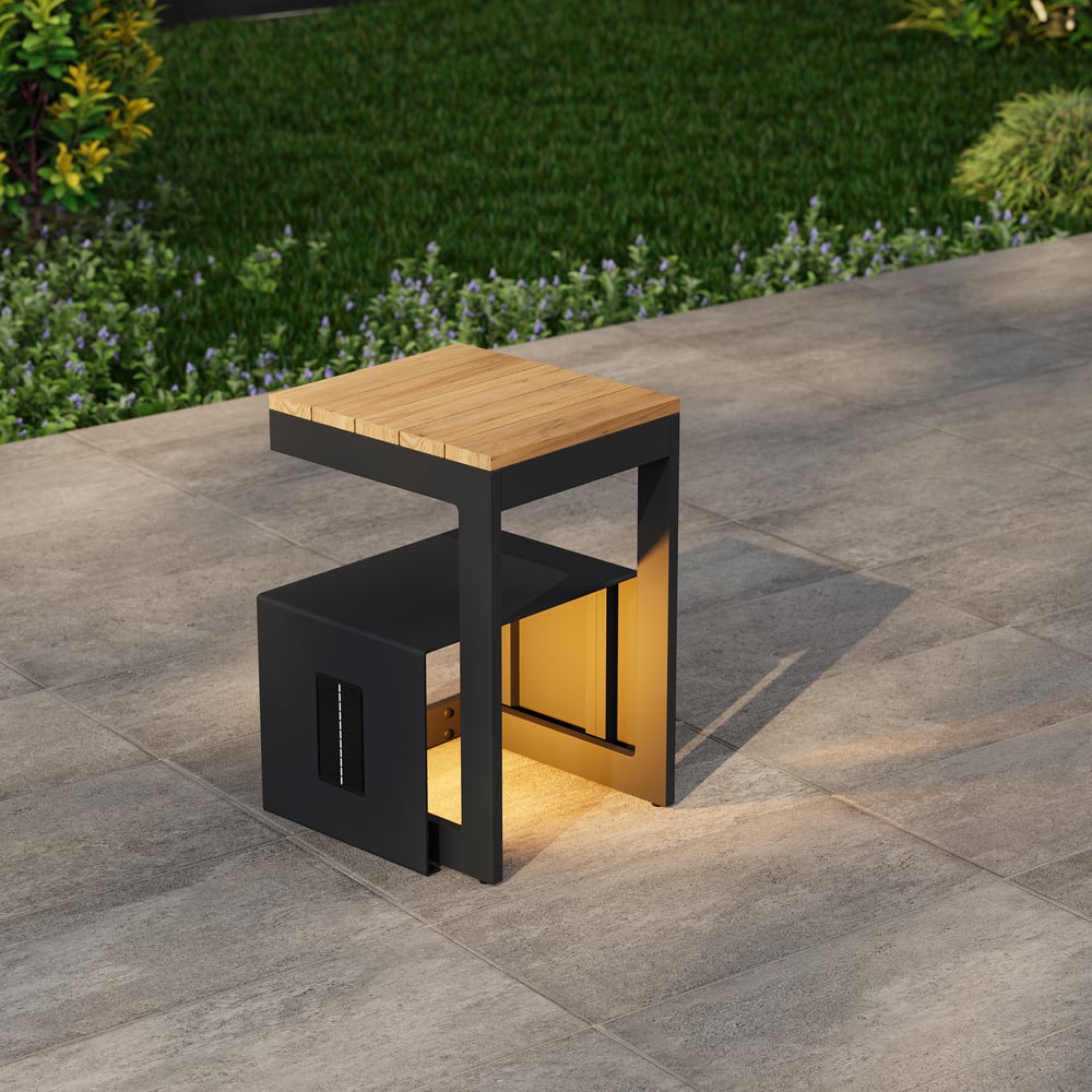 Tevara Outdoor Teak & Aluminum Solar Side Table (17") window image