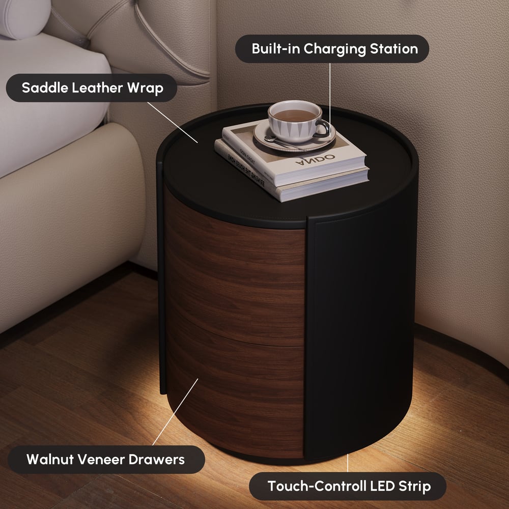Modern Black Saddle Leather 2-Drawer Nightstand with Charging Station & Light window image