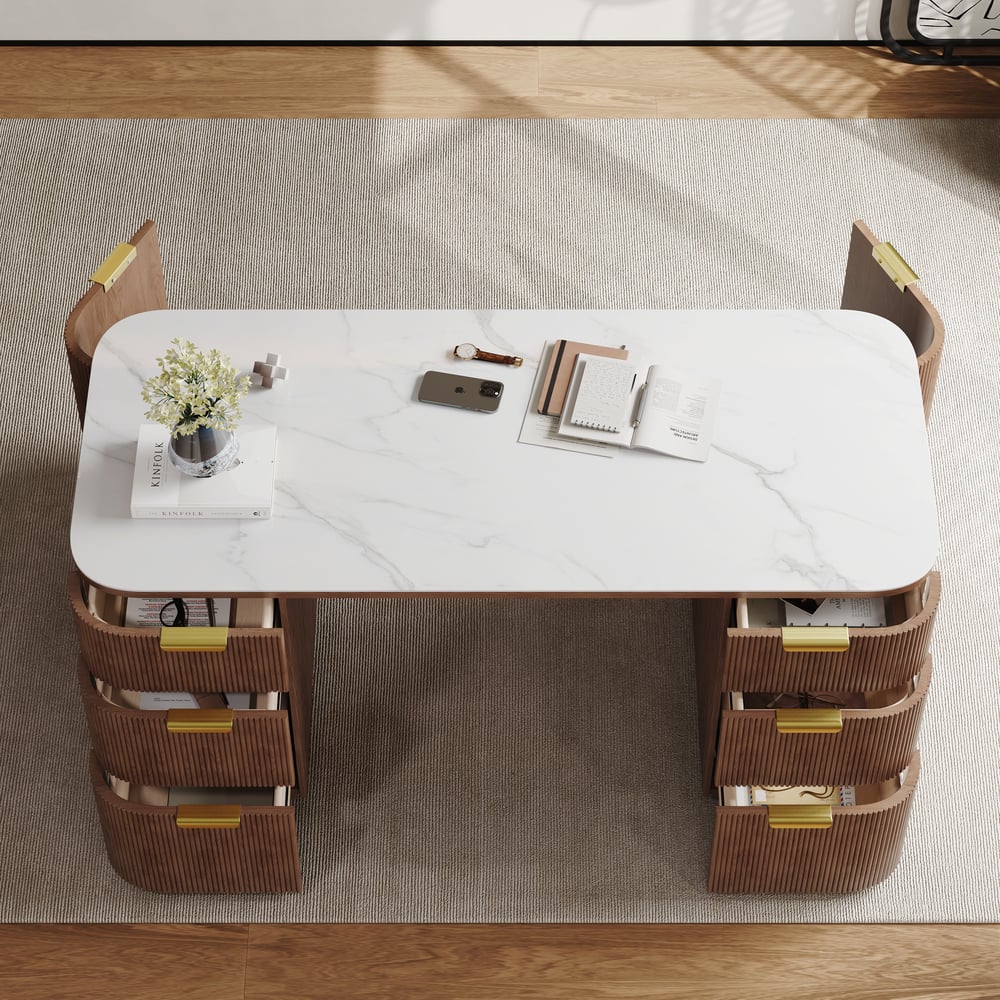 Bureau rectangulaire en noyer, frêne et pierre frittée avec 6 tiroirs (1620mm) image de fenêtre