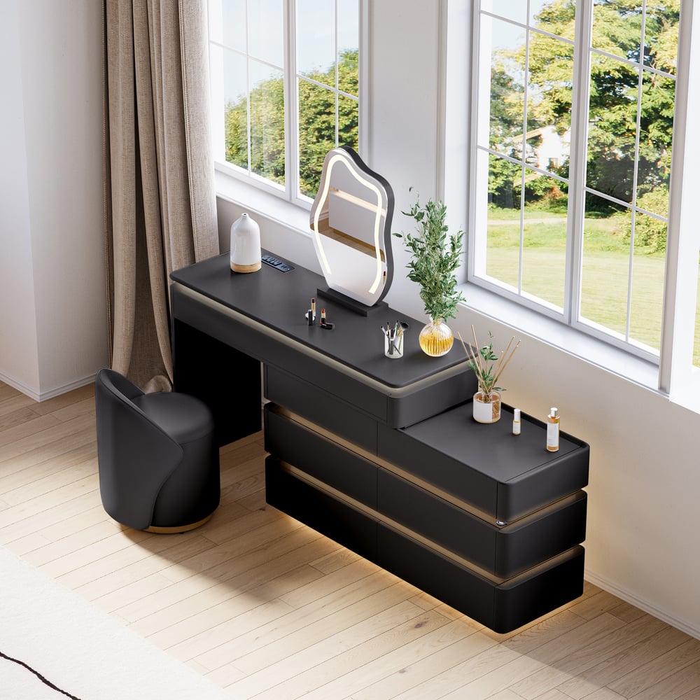 Skórzany okrągły taboret do toaletki z krzesłem akcentującym z oparciem obraz okna