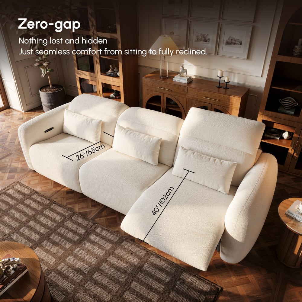 Canapé inclinable électrique 3 places de 312cm en chenille avec gravité zéro, coussins et port USB image de fenêtre