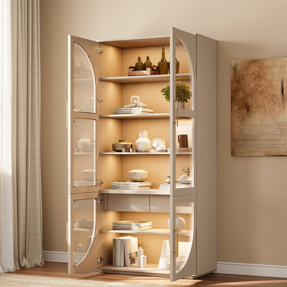 Arune Whitewash Glass Tall Display Cabinet with Drawers & LED window image