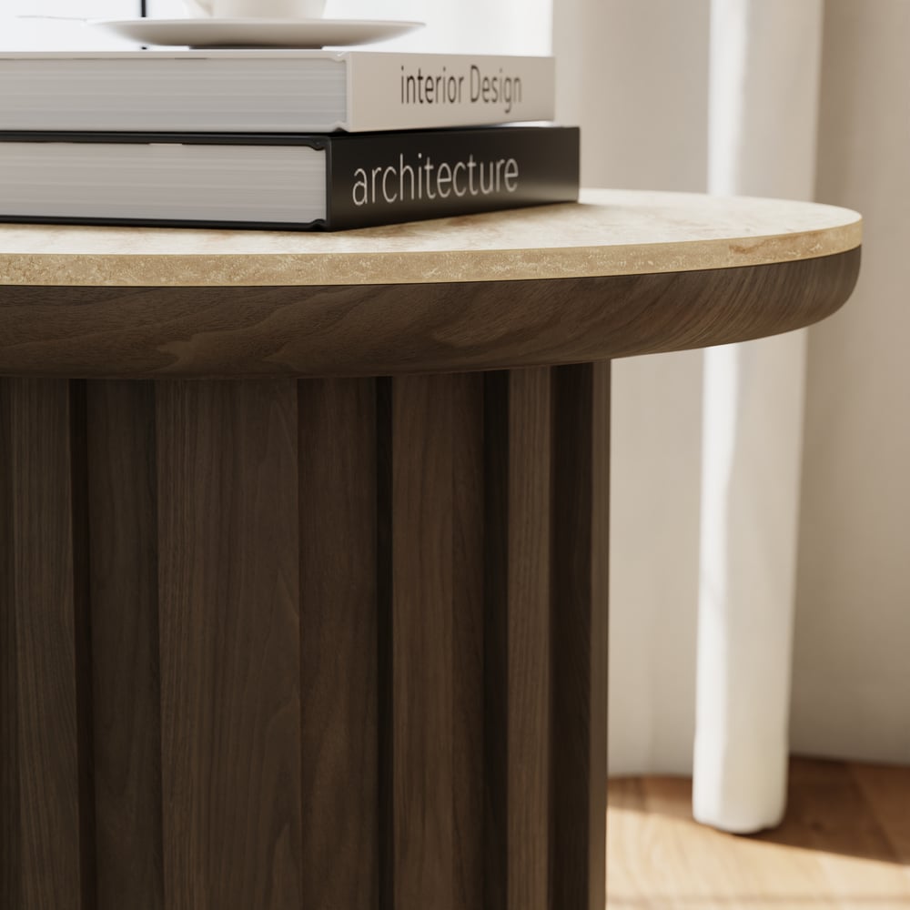 Aura Ash Wood Fluted Round Side Table with Sintered Stone Top window image