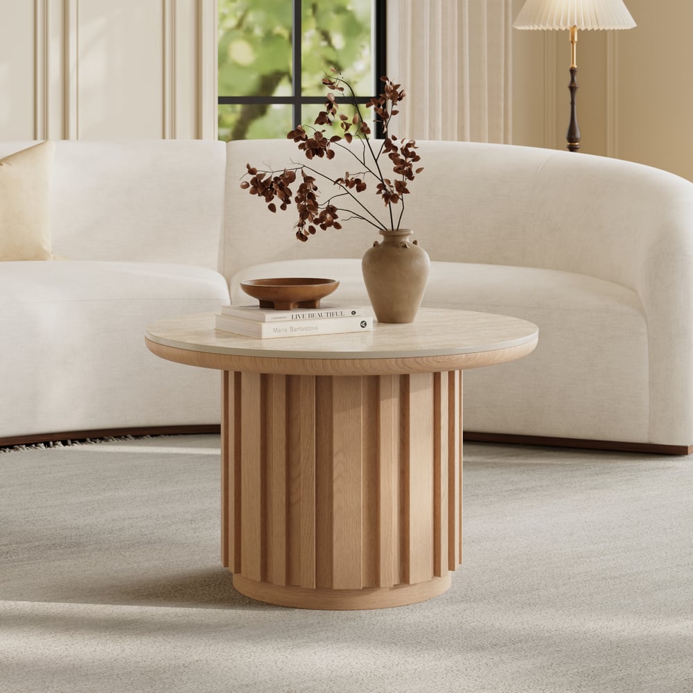 Table basse ronde à lattes en bois de frêne Aura avec plateau en pierre frittée image de fenêtre