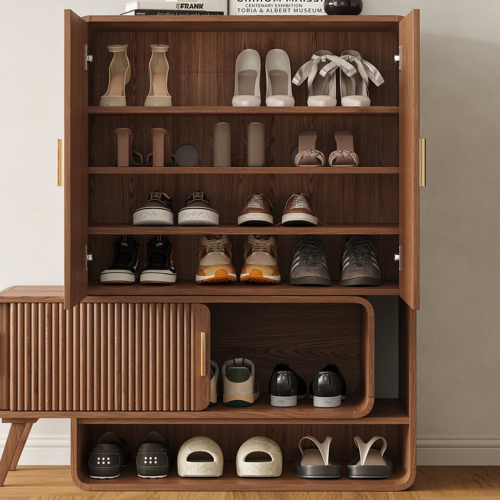 37" Ash Wood Veneer Fluted Shoe Storage Entryway Cabinet, Left Hand window image