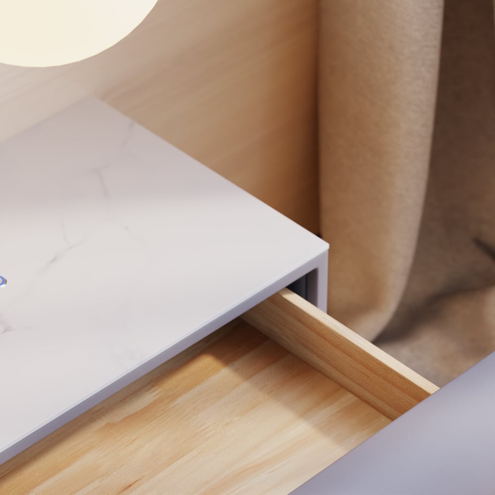 Comodino Smart Humply Sospeso in Pelle con 1 Cassetto, LED e Piano in Pietra Sinterizzata Immagine della finestra