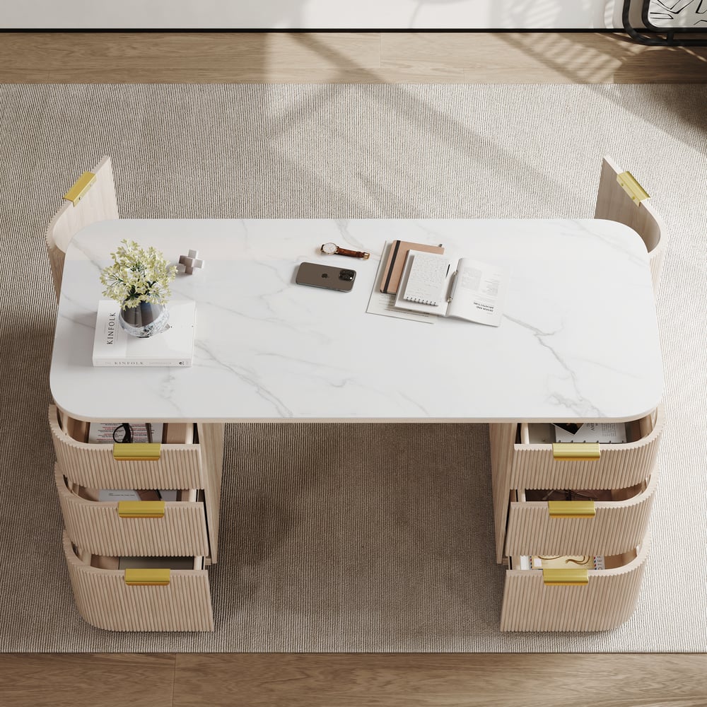 Modern Wash White Ash Wood & Sintered Stone Rectangle Desk with 6 Drawers (63.8") window image