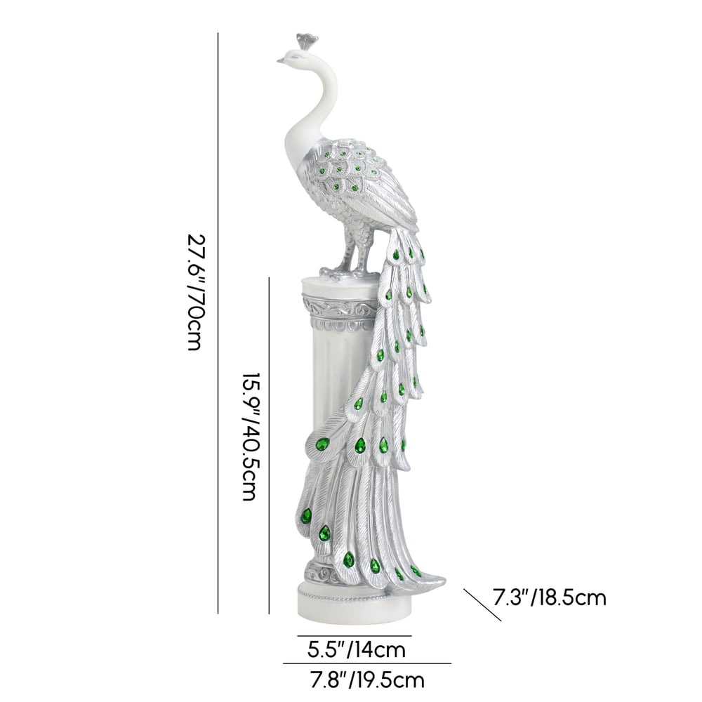 27.6" Srebrna Statua Pawia z Diamentowymi Akcentami – Luksusowa Rzeźba Pawia z Żywicy obraz wagi wymiary