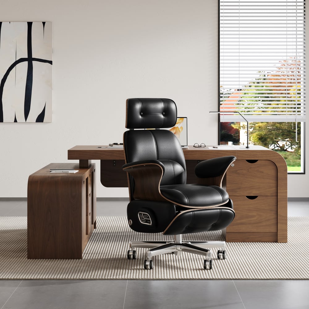 Black Genuine Leather Power Reclining Executive Office Chair Swivel Office Desk Chair window image
