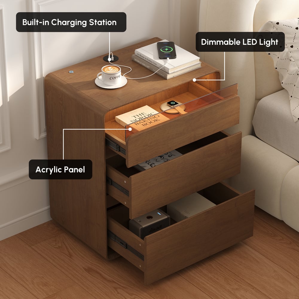 Meloa 24" Wooden 3-Drawer Smart Nightstand With LED Lighting & Charging Station window image