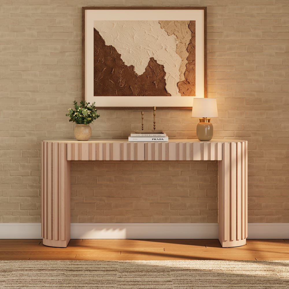 Aura 60" Ash Wood Fluted Whitewash Console Table With Sintered Stone Top window image