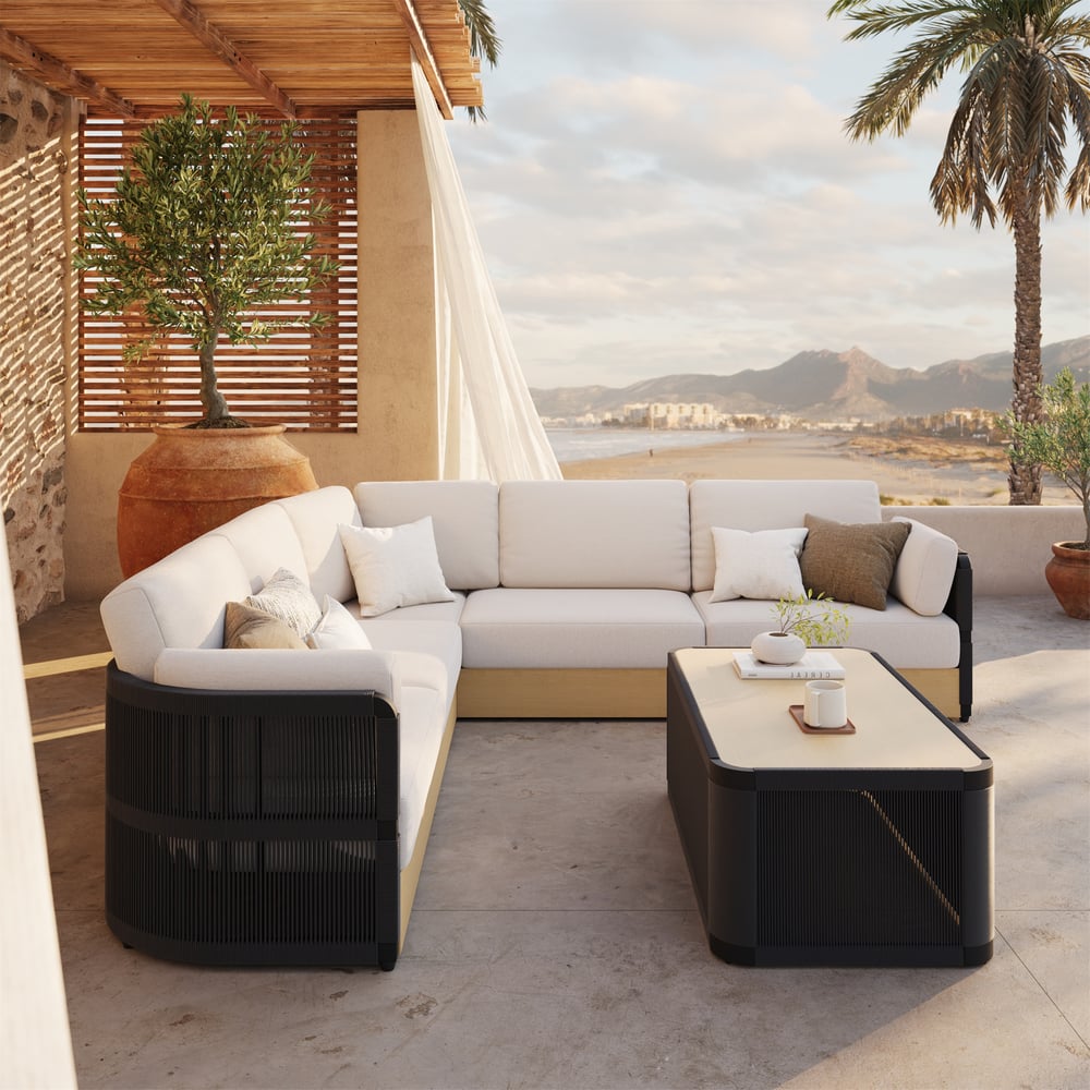 Costra Handwoven Rope L-Shaped Outdoor Sofa with Coffee Table in Black window image