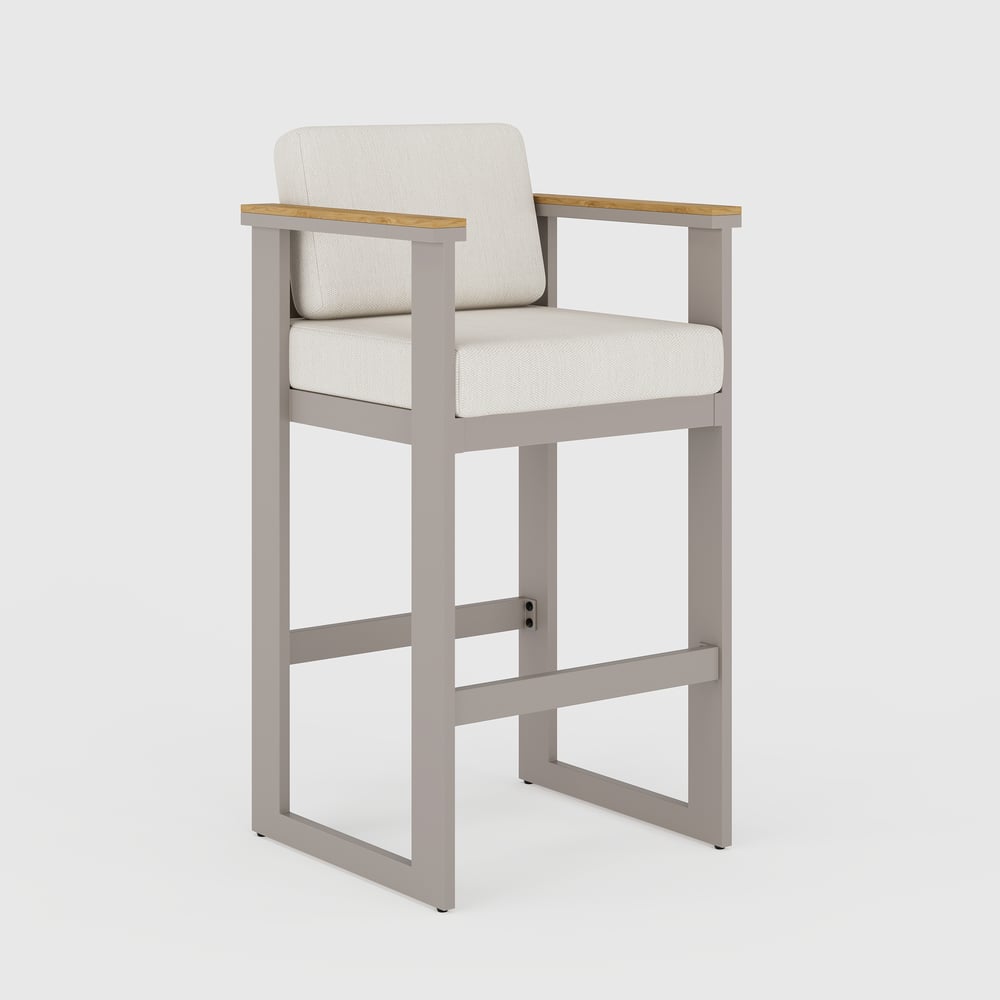 Tevara Teak Wood Modern Outdoor Bar Set Sand Frame & Warm White Cushion window image