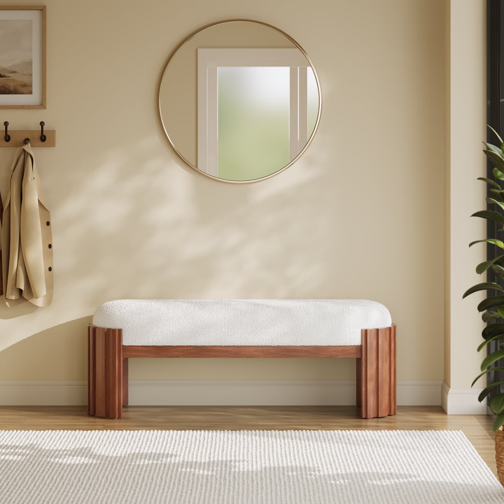 Aura 47” Walnut Wooden Boucle Upholstered Entryway Bench window image