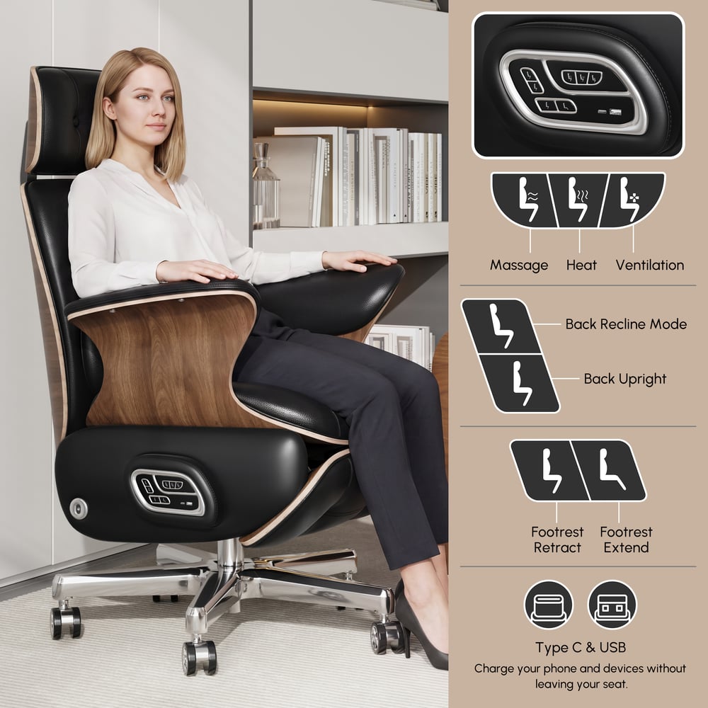 Black Genuine Leather Power Reclining Executive Office Chair Swivel Office Desk Chair window image