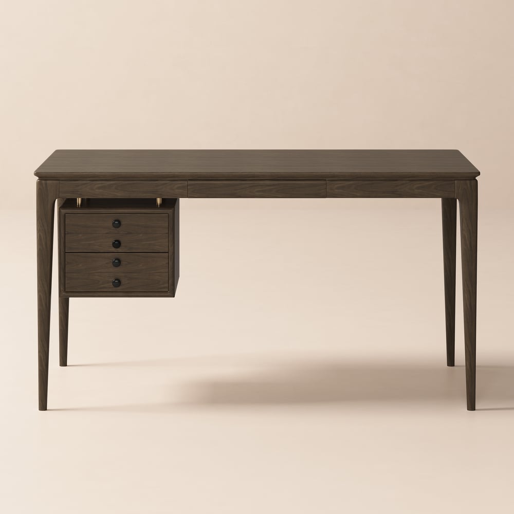 Tanic bureau 140 cm van essenhout, rookbruin, met 3 laden Vensterafbeelding