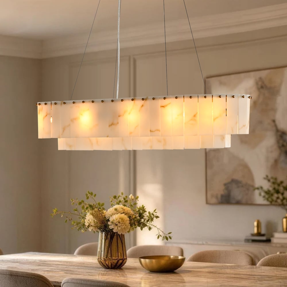 12-Light Linear Chandelier Alabaster-Look 2-Tier Dining Chandelier 40" window image
