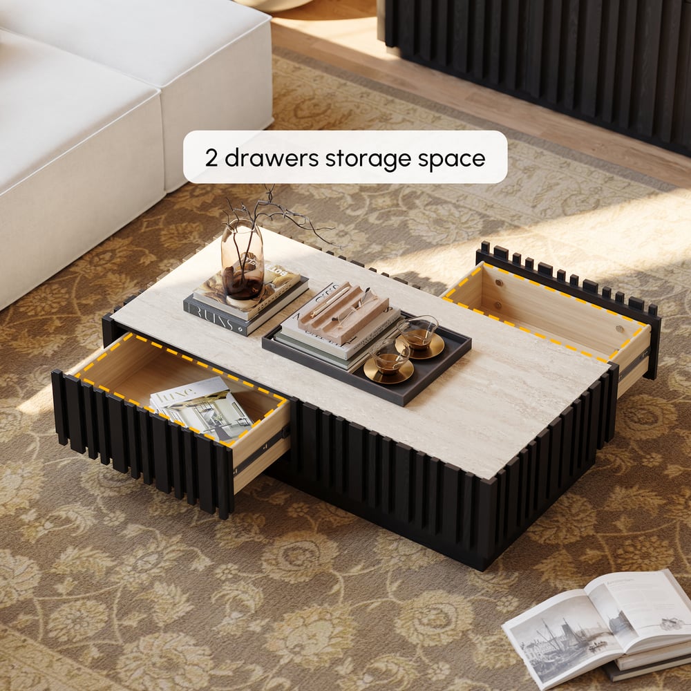 Table basse à lattes Aura 47" en bois de frêne avec plateau en pierre frittée image de fenêtre