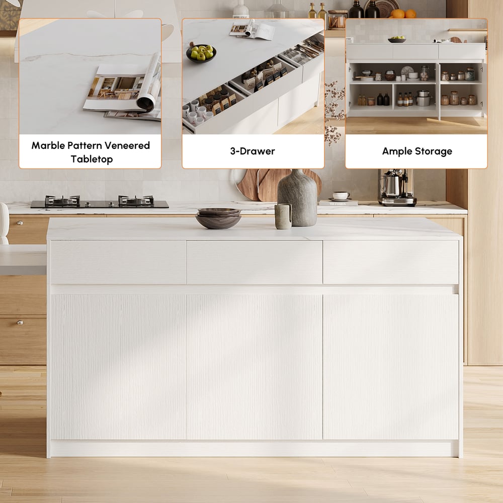 Modern 81"-112" Marble Pattern Kitchen Island with Doors & Drawers, White window image