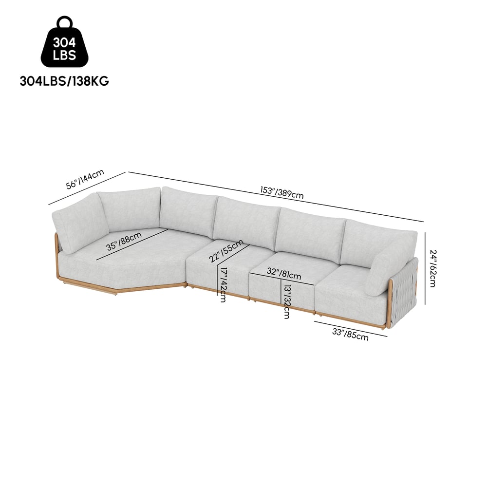 4-Piece Outdoor Teak & Aluminum Sectional Sofa Set with Chaise for 4 in Light Gray weights dimensions image